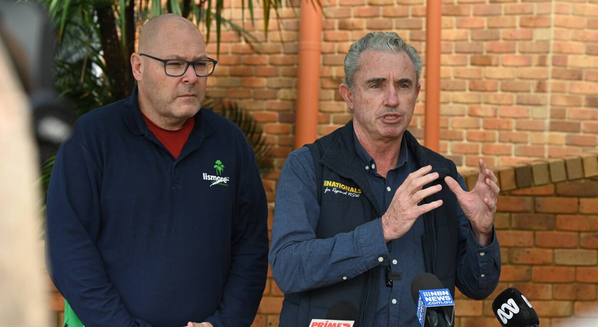 Lismore mayor Steve Krieg and Page MP Kevin Hogan have urged the State Government to co-contribute to a fund for big businesses impacted by the floods. Picture: Cathy Adams