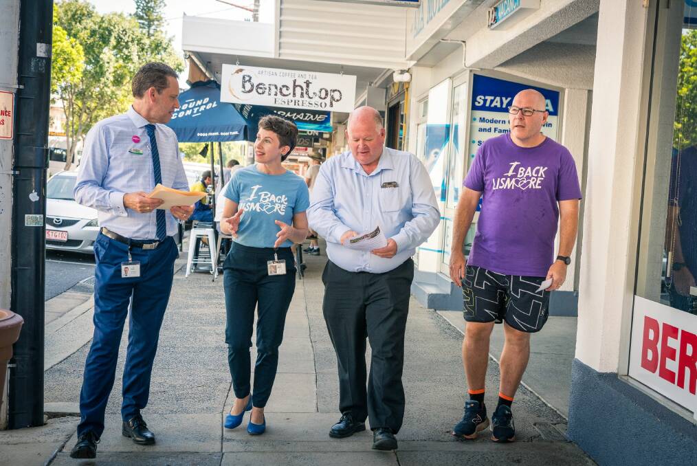 From left, Lismore City Council General Manager Jon Gibbons, CBD Activation Officer Kathryn Gray, Councillor Andrew Bing and Mayor Steve Krieg.