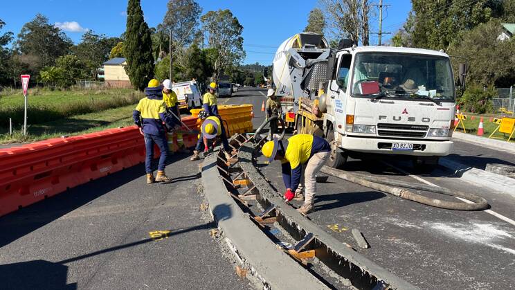 Workers install traffic calming measures at the rail bridge at Terania St, North Lismore. Picture by Transport for NSW