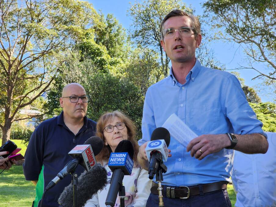 NSW Premier Dominic Perrottet was in Lismore to announce the Northern Rivers Reconstruction Commission with Mayor Steve Krieg and Lismore MP Janelle Saffin. Picture Cathy Adams