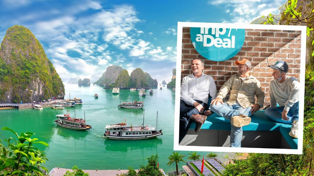 TripADeal destination, Halong Bay in Vietnam. And inset, Andrew Glance from Qantas, and Richard Johnston and Norm Black from TripADeal. Pictures by Shutterstock/Qantas