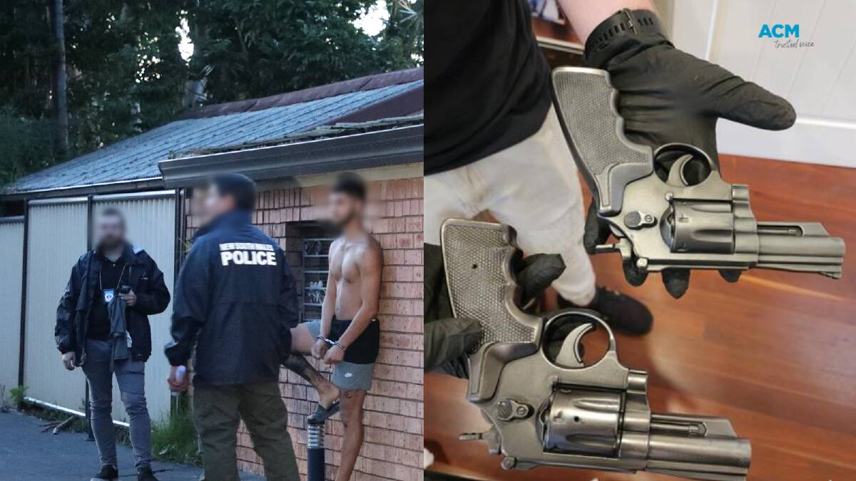 Police arrest one of six alleged culprits (left) two weapons seized during searches. Pictures supplied