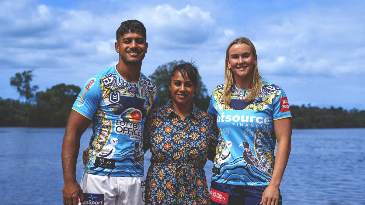 Lismore-born Titans winger Alofiana Khan-Periera, with his mother Sylvia Khan and NRLW player Jaime Chapman in the clubs indigenous jersey they will play in this weekend. Picture supplied.