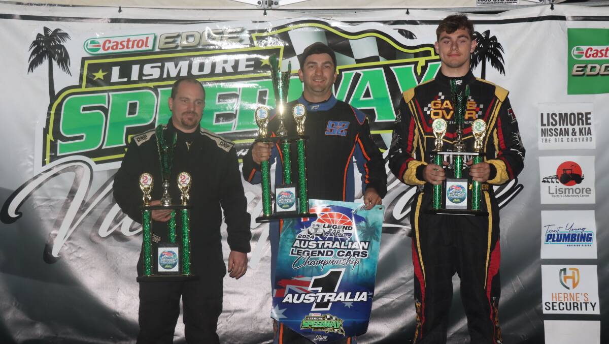 Australian Legend Cars Champion for 2024 Matt Gordon (centre) is pictured with Rob Rawlings Jr (left) and third-placed Rieley Fisher. Picture by Tony Powell.