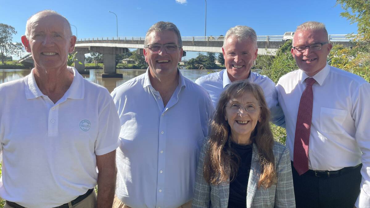 Richmond Valley mayor Robert Mustow, Clarence MP Richie Williamson, Richmond Valley Council general manager Vaughan Macdonald, Reconstruction Authority acting CEO Mal Lanyon and Lismore MP Janelle Saffin.