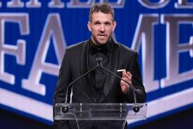 Dane Swan speaks after being inducted into the Australian Football Hall of Fame. (Daniel Pockett/AAP PHOTOS)